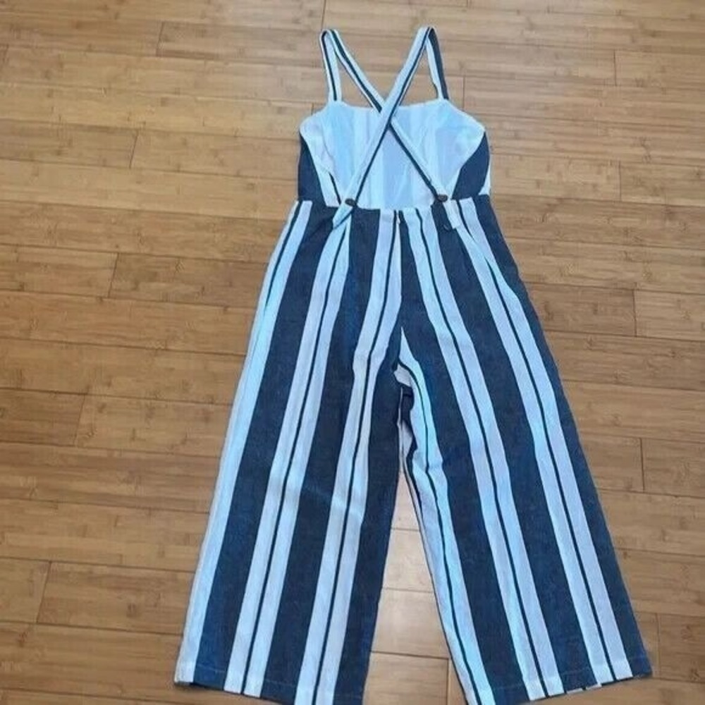 Peppermint Striped Wide Cropped Leg Open Back Linen Blend Jumpsuit White Sz L - Picture 9 of 9